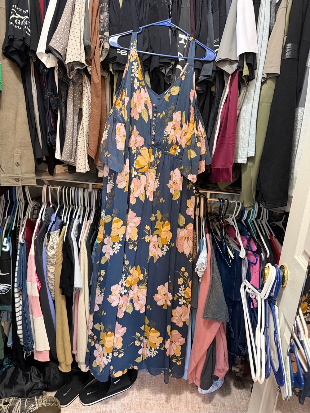Floral Cold-Shoulder Maxi Dress in Navy with Pink & Mustard Blossoms